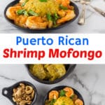 A photo of shrimp mofongo on a black plate with a cilantro garnish.