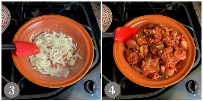 A photo showing cooking onions in a tagine and then adding the lamb.