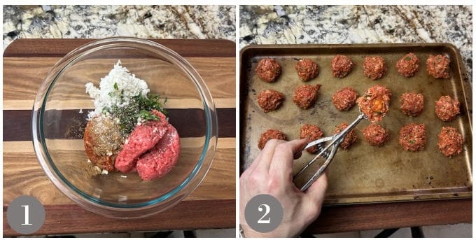 The steps to make albondigas showing mixing the meatballs and scooping into balls.