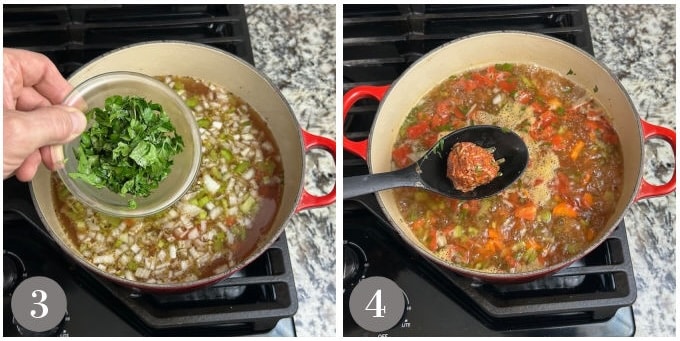 The steps to make albondigas soup showing the broth simmering and adding the meatballs.